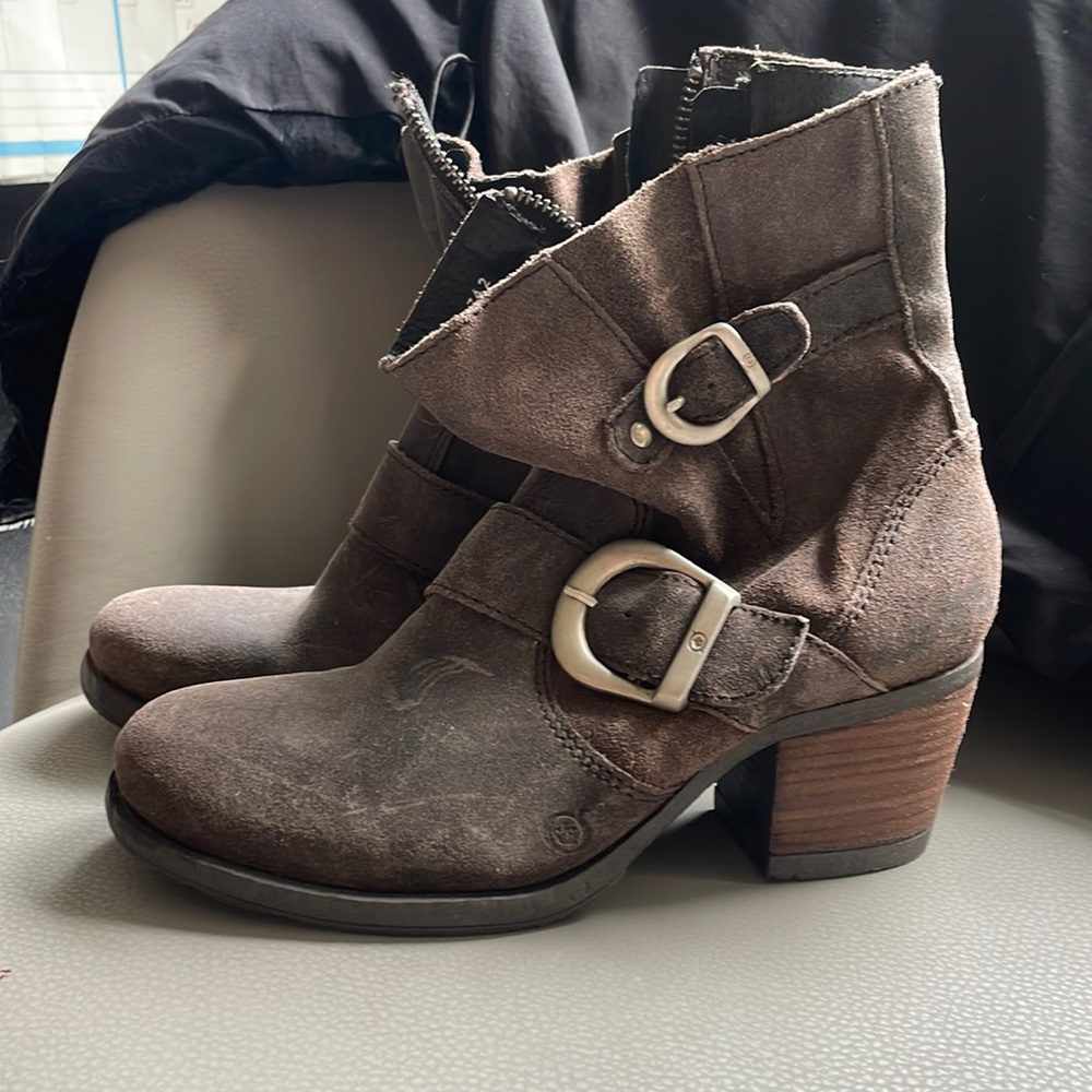 Brown Born Ankle Boots with Oversized Buckle Detsil
